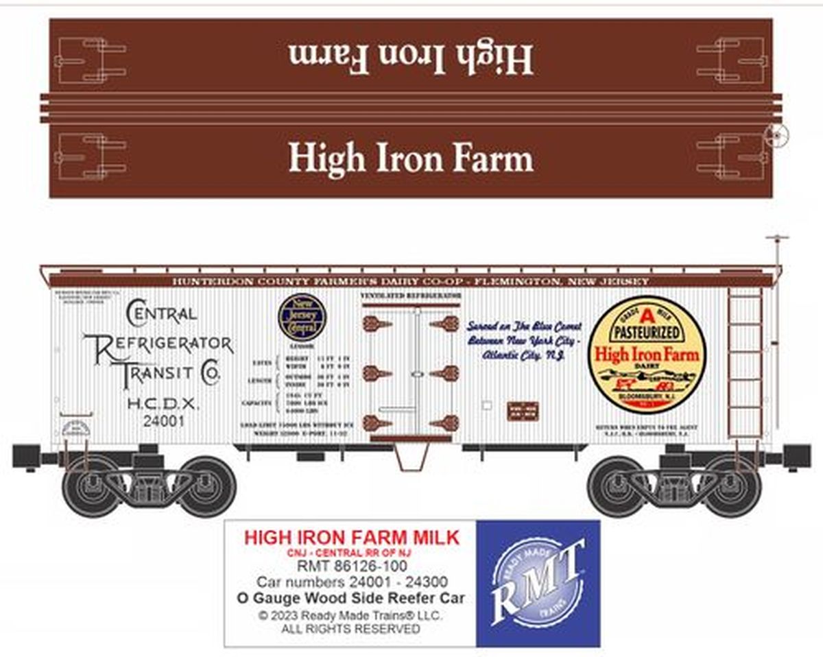 Ready Made Trains O Scale Woodside Reefer CNJ-High Iron Farm - RMT86126100